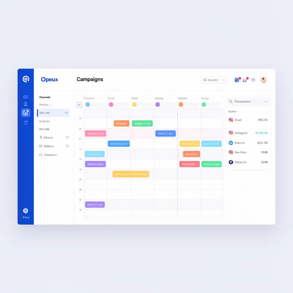 Opeux Campaigns planner showing channels, content calendar and scheduled posts