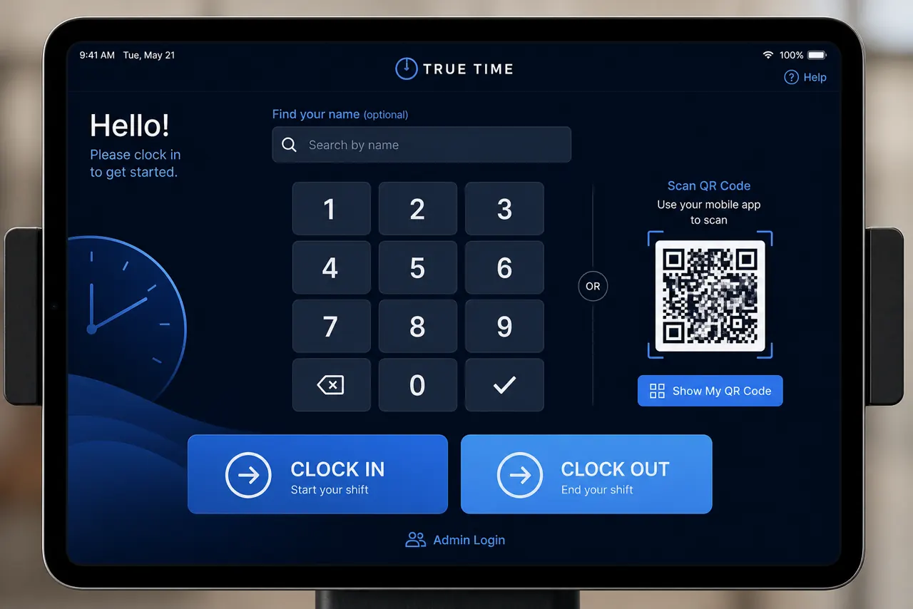 Opeux Clocks tablet console showing passcode, QR code and name search clock-in options