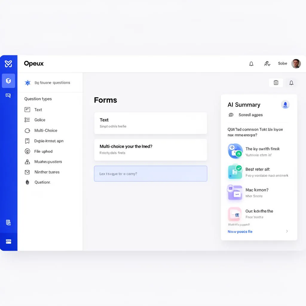 Opeux Forms builder with question types, conditional logic and an AI summary panel
