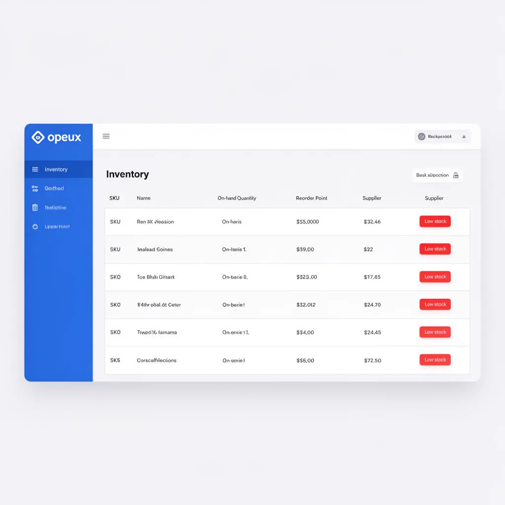 Opeux Inventory list showing stock levels, reorder points and low-stock alerts