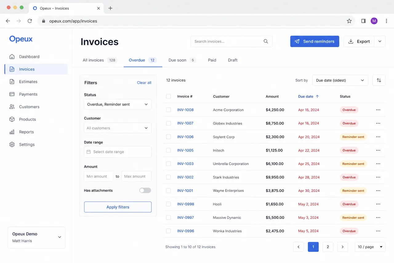 Opeux Invoices list showing overdue invoices with automated polite reminder status