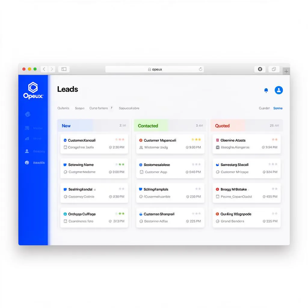 Opeux Leads inbox showing new customer enquiries grouped by status with reply actions