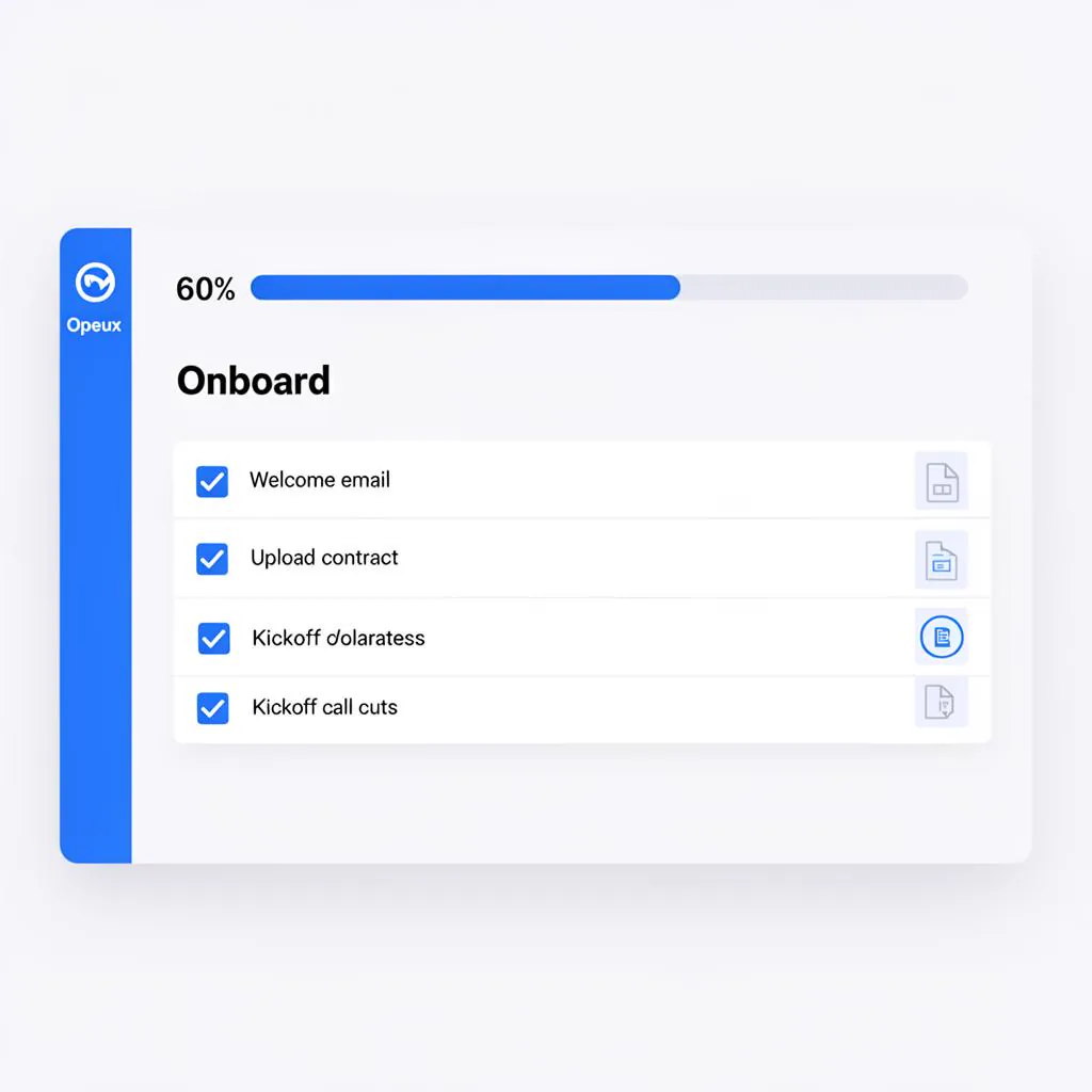 Opeux Onboard checklist with tasks, file uploads and customer progress tracking