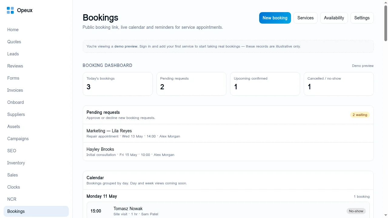 Opeux Bookings dashboard with today's bookings, pending requests and a grouped daily calendar