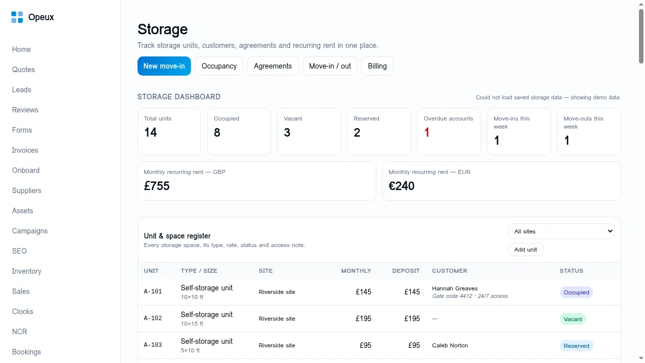 Opeux Storage dashboard with occupancy stats, monthly recurring rent in GBP and EUR and the unit and space register