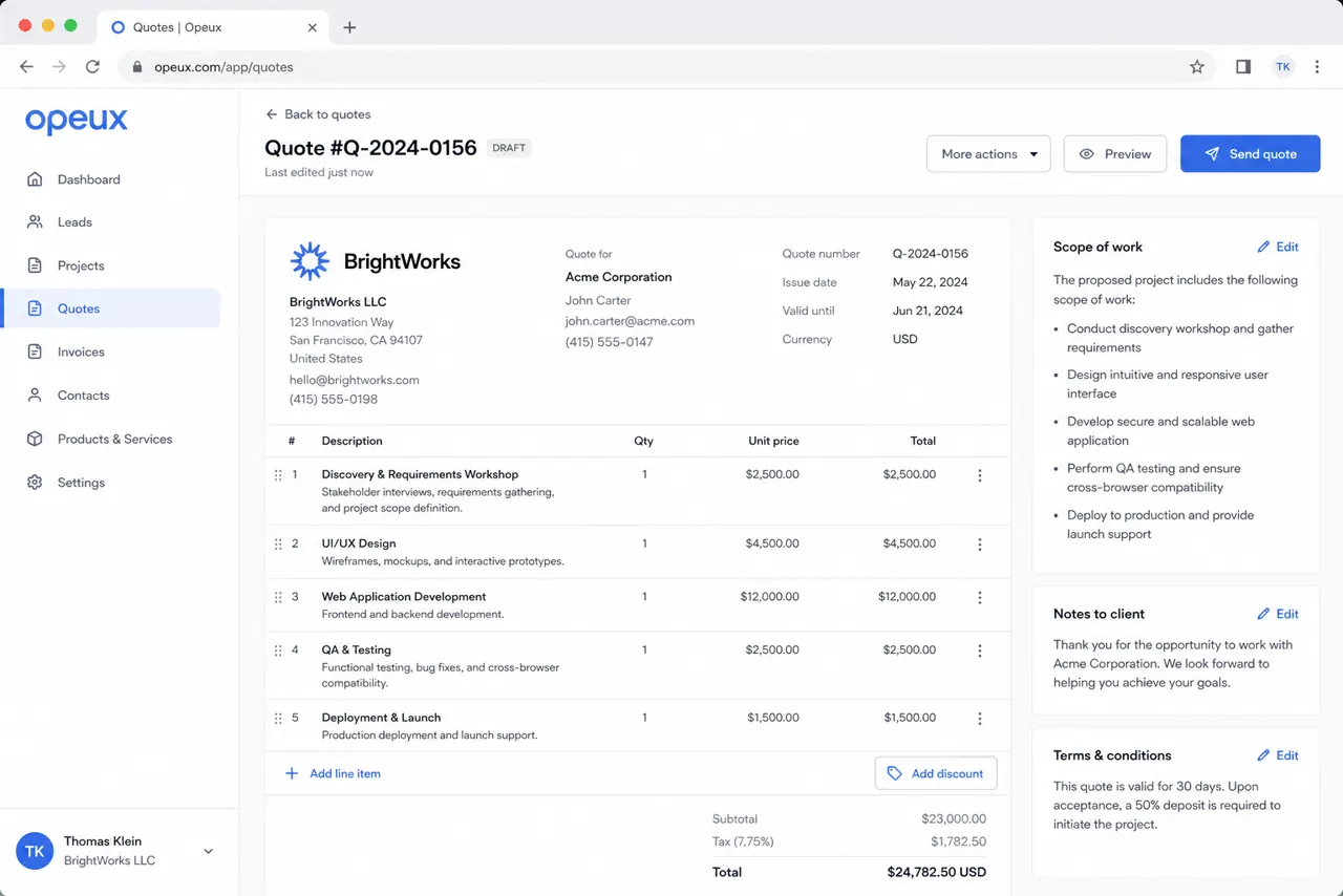 Opeux Quotes editor showing a draft quote with line items, totals and a reusable scope of work panel