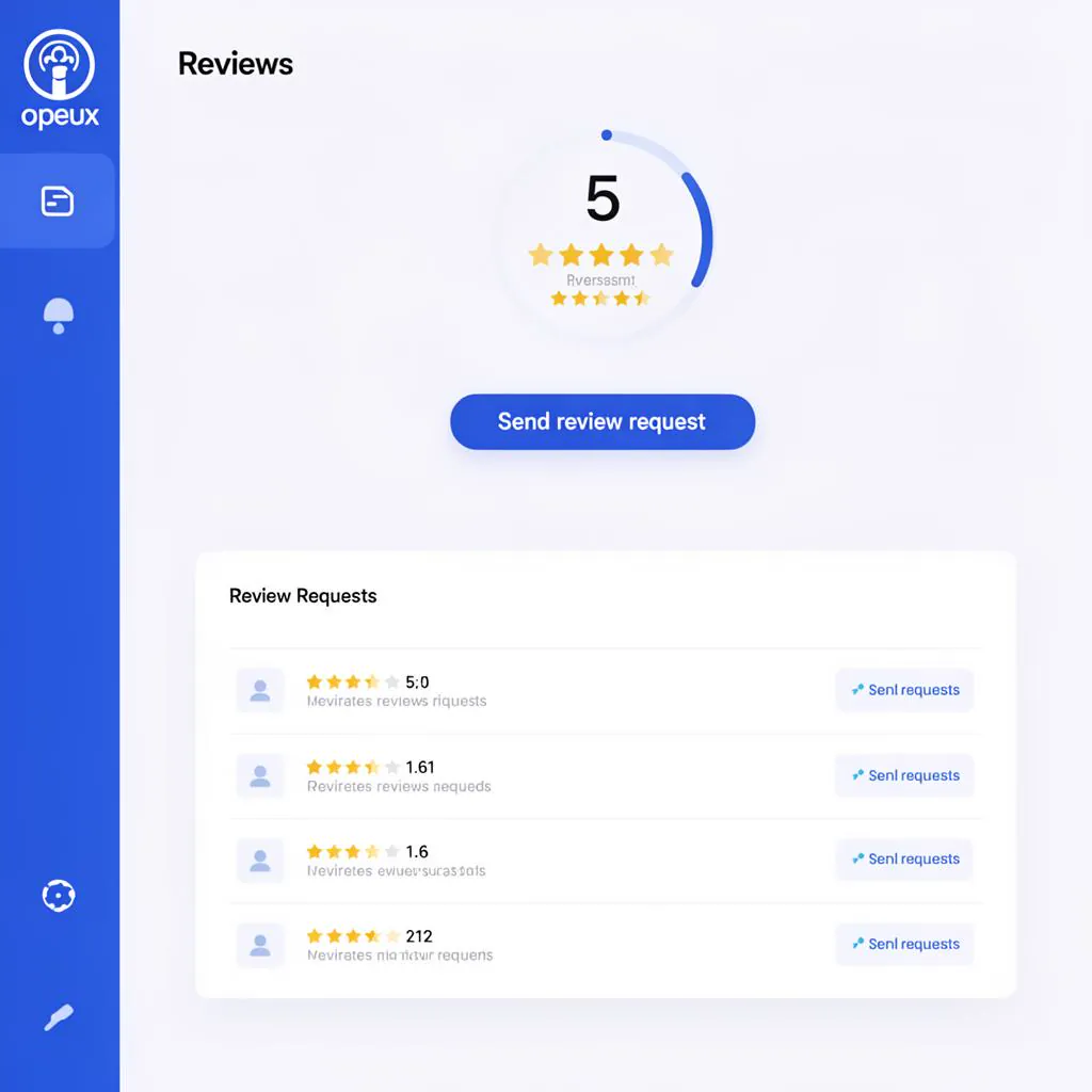 Opeux Reviews dashboard showing a 5-star review request flow with private feedback capture