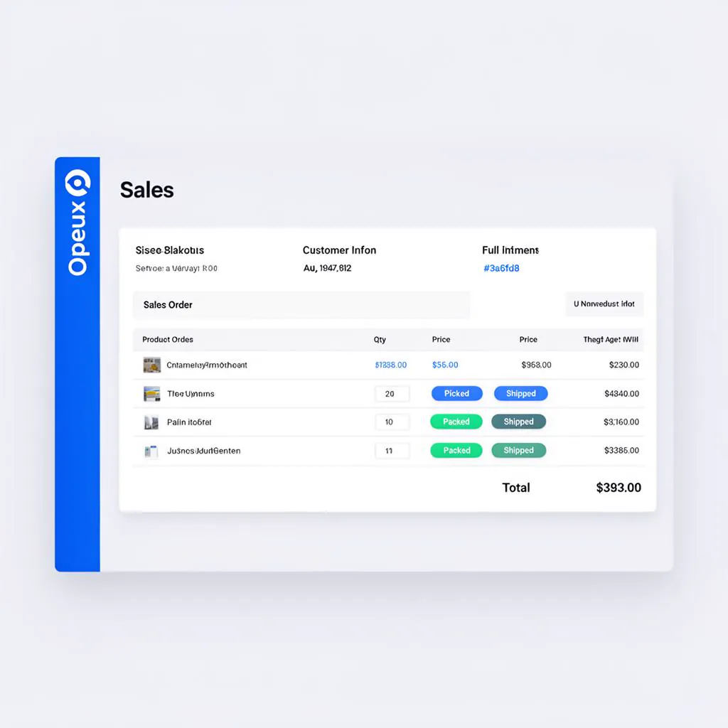 Opeux Sales order screen showing line items, fulfilment status and linked invoice