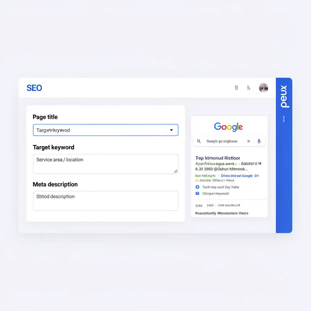 Opeux SEO page editor with keyword, location and metadata settings for local service pages
