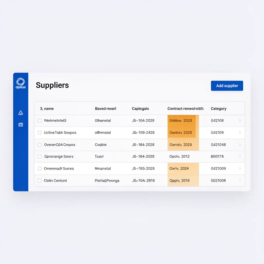 Opeux Suppliers register listing supplier contacts, contracts and renewal dates